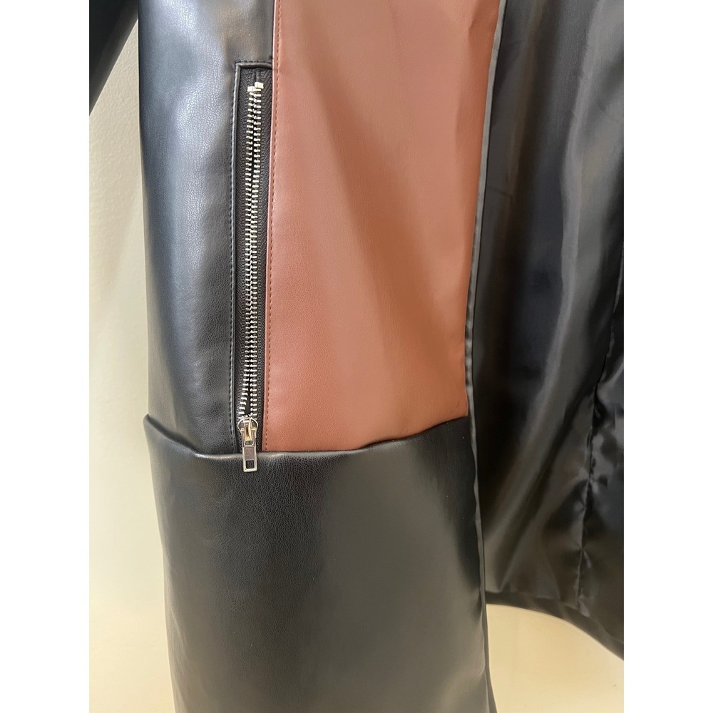 Plus Size Faux Leather Color Block Mid Length Zip Front Jacket 2XL - Picture 10 of 13